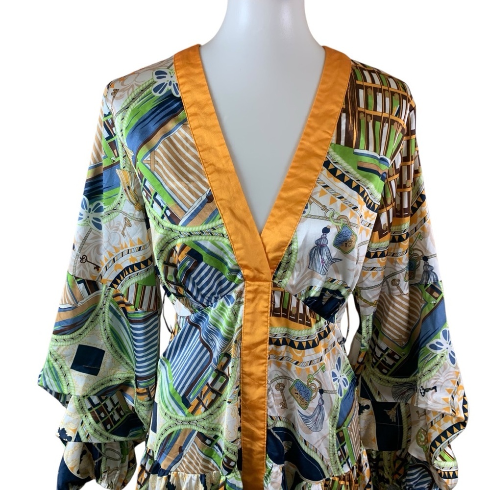 L’Atiste Boho Kimono Sleeve Satin Trim Abstract Print Mini Dress Flowy Large - Picture 2 of 5